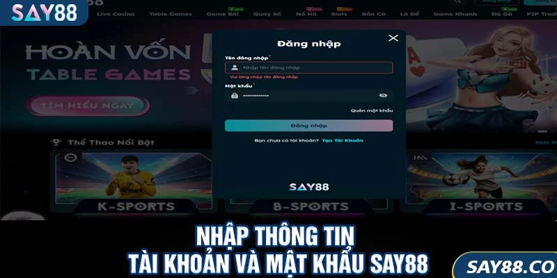 Nhập thông tin tài khoản và mật khẩu SAY88
